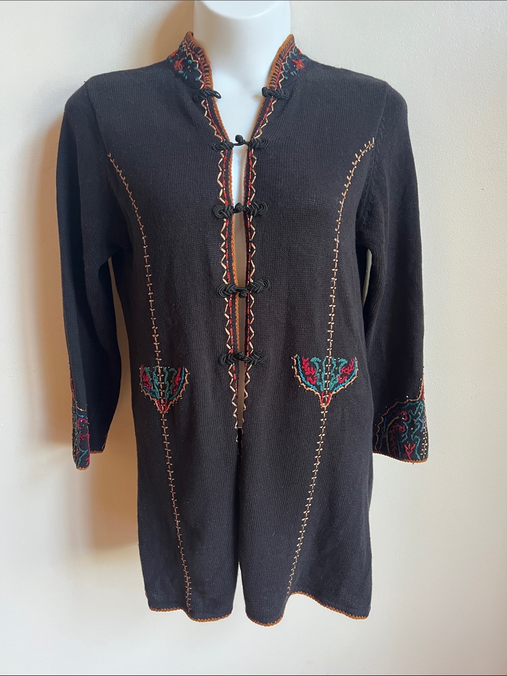 Coldwater Creek Embroidered Mandarin Collar long cardigan sweater